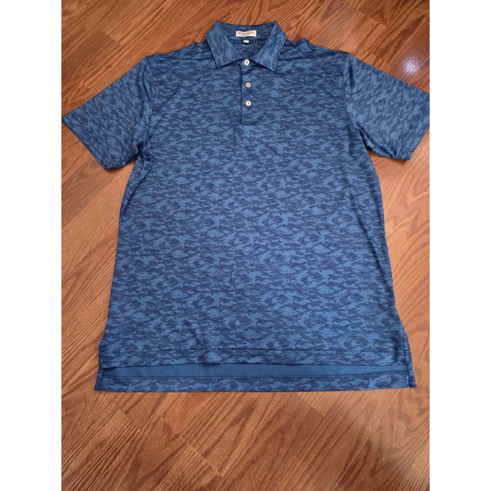 Peter Millar Summer Comfort Mens Blue Fish Print Polo Shirt Short‎ Sleeve Size M